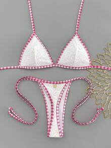 Swim Mod Women's Spring/Summer New Lace Pattern Fabric Contrast Plaid Trim Triangle Bikini Set, 2 Pieces Sweet Beach Vacation Swimsuit - White - View 2