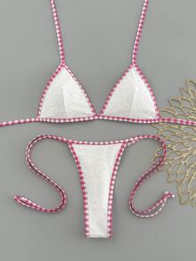 Swim Mod Women's Spring/Summer New Lace Pattern Fabric Contrast Plaid Trim Triangle Bikini Set, 2 Pieces Sweet Beach Vacation Swimsuit - White - View 7