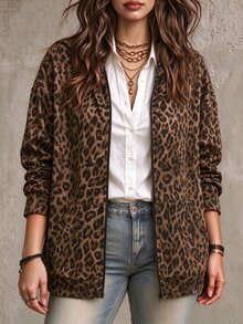 Nubod Vintage Western Brown Leopard Print Hooded Zip-Up Jacket For Women, Loose Casual Drop Shoulder Sweatshirt Going Out Airport Autumn - Brown - View 1