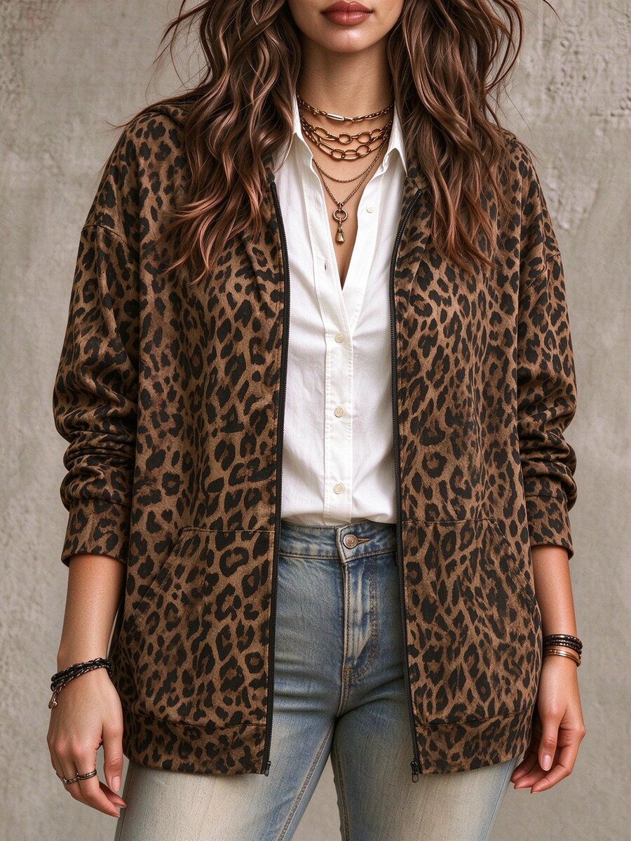 Nubod Vintage Western Brown Leopard Print Hooded Zip-Up Jacket For Women, Loose Casual Drop Shoulder Sweatshirt Going Out Airport Autumn - Brown - View 1