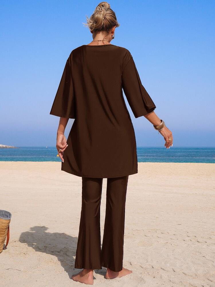 SHEIN Swim Women Long Sleeve Loose Small V-Neck Top And Wide Leg Flared Pants Burkini Set, Solid Color For Summer Beach Vacation - Coffee Brown - View 2