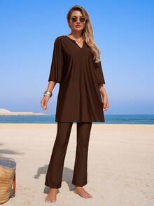 SHEIN Swim Conjunto burkini de mujer con top de manga larga holgado de cuello en V pequeño y pantalones de pierna ancha acampanada, unicolor - Café integral - Ver 3