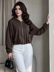 Modelyn Women's Casual Loose Versatile Zip-Up Sweatshirt With Drawstring, 33% Cotton, Brown, Autumn New Arrival - Brown - View 2