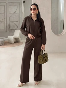 Modelyn Women's Casual Loose Versatile Zip-Up Sweatshirt With Drawstring, 33% Cotton, Brown, Autumn New Arrival - Brown - View 5