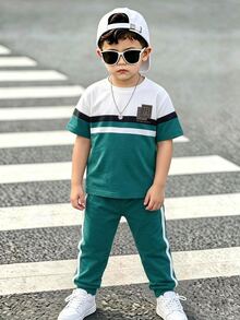 小男孩秋季新款休閒簡約寬鬆舒適運動風圓領短袖上衣與長褲2件套 - 彩色 - 查看 4
