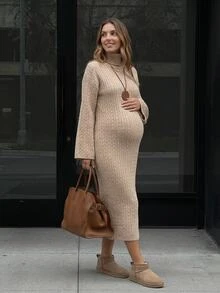 SHEIN Maternity Autumn/Winter Casual Solid Color High Neck Slim Fit Knit Dress - Apricot - View 1