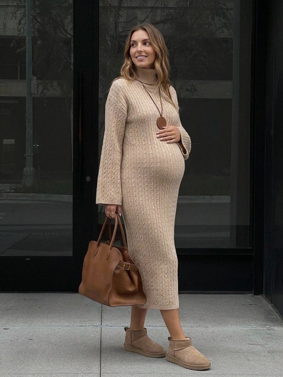 SHEIN Maternity Autumn/Winter Casual Solid Color High Neck Slim Fit Knit Dress - Apricot - View 1