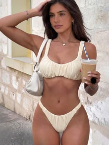 Bonvoyette Women's Solid Color Ruched High Cut Sexy Bikini Set, Spring/Summer - Apricot - View 1