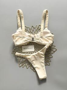 Bonvoyette Women's Solid Color Ruched High Cut Sexy Bikini Set, Spring/Summer - Apricot - View 3