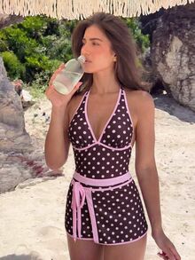 SHEIN Swim Spring/Summer New Women's Polka Dot Print Backless Halter One-Piece Swimsuit, Beach Vacation - Pink - View 2