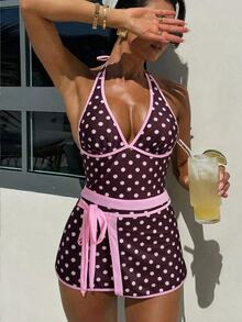 SHEIN Swim Spring/Summer New Women's Polka Dot Print Backless Halter One-Piece Swimsuit, Beach Vacation - Pink - View 4
