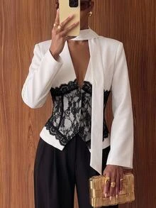 Lumalex Women's Elegant Commute Black & White Color Block Black Lace Design Blazer Jacket, Autumn Style,Teacher - White - View 2