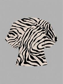 Aloruh Elegant Batwing Sleeve Double-Breasted Zebra Print Minimalist Shirt, Suitable For Commuting And Daily Outings - Beige - View 5