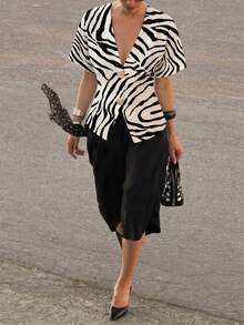 Aloruh Elegant Batwing Sleeve Double-Breasted Zebra Print Minimalist Shirt, Suitable For Commuting And Daily Outings - Beige - View 3