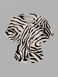 Aloruh Elegant Batwing Sleeve Double-Breasted Zebra Print Minimalist Shirt, Suitable For Commuting And Daily Outings - Beige - View 4