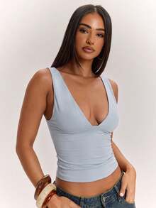 SHEIN BAE Solid Color V-Neck Fitted Women's Tank Top, Versatile All-Match Style, Wardrobe Essential, Suitable For Office, All-Season Wear, Brown Top, Casual Top - Light Grey - View 6