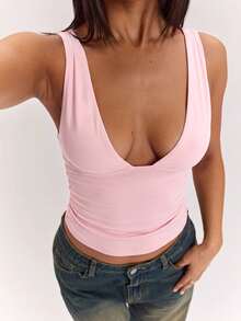 SHEIN BAE ملابس علوية نسائية بدون أكمام بلون موحد بياقة على شكل حرف V ضيقة، أسلوب متعدد الاستخدامات، ضروري للخزانة، مناسب للمكتب، للارتداء في جميع الفصول، ملابس علوية بنية، ملابس علوية كاجوال - وردي المرجاني - مشاهدة 7