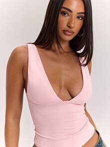 SHEIN BAE ملابس علوية نسائية بدون أكمام بلون موحد بياقة على شكل حرف V ضيقة، أسلوب متعدد الاستخدامات، ضروري للخزانة، مناسب للمكتب، للارتداء في جميع الفصول، ملابس علوية بنية، ملابس علوية كاجوال - وردي المرجاني - مشاهدة 1