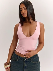 SHEIN BAE ملابس علوية نسائية بدون أكمام بلون موحد بياقة على شكل حرف V ضيقة، أسلوب متعدد الاستخدامات، ضروري للخزانة، مناسب للمكتب، للارتداء في جميع الفصول، ملابس علوية بنية، ملابس علوية كاجوال - وردي المرجاني - مشاهدة 4