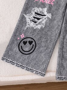 SHEIN Young Girl Striped Sweatshirt & Cartoon Graphic Denim-Effect Print Pants Set - Black and White - View 5