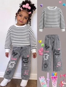 SHEIN Young Girl Striped Sweatshirt & Cartoon Graphic Denim-Effect Print Pants Set - Black and White - View 7