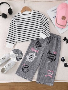 SHEIN Young Girl Striped Sweatshirt & Cartoon Graphic Denim-Effect Print Pants Set - Black and White - View 3