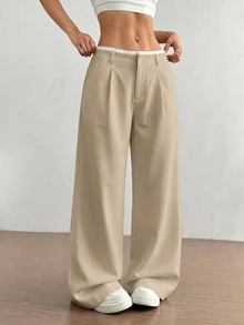 FavEase Women's Autumn Waist Patchwork High-End Design Side Pocket Slim Straight Khaki Long Pants, Suitable For Daily Work, School, Office And Business Casual - Khaki - View 4