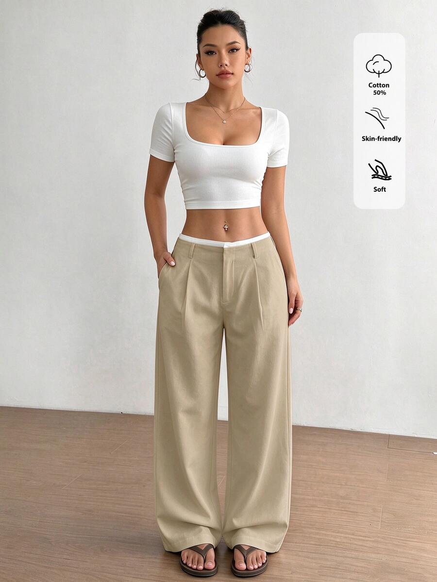 FavEase Women's Autumn Waist Patchwork High-End Design Side Pocket Slim Straight Khaki Long Pants, Suitable For Daily Work, School, Office And Business Casual - Khaki - View 1