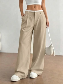 FavEase Women's Autumn Waist Patchwork High-End Design Side Pocket Slim Straight Khaki Long Pants, Suitable For Daily Work, School, Office And Business Casual - Khaki - View 3