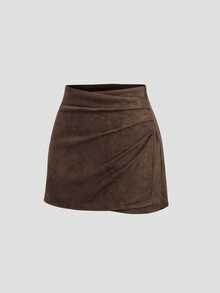 Sweetra Rok Mini A-Line Bodycon Asimetris Berlipit Pinggang Tinggi Bahan Beludru Suede Kopi Maillard, Musim Gugur - Coffee Brown - View 5