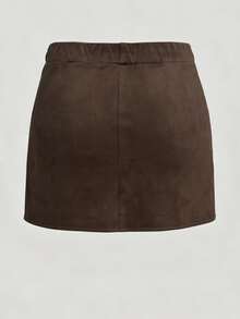 Sweetra Rok Mini A-Line Bodycon Asimetris Berlipit Pinggang Tinggi Bahan Beludru Suede Kopi Maillard, Musim Gugur - Coffee Brown - View 2