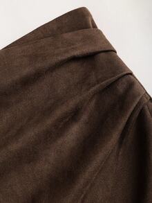 Sweetra Rok Mini A-Line Bodycon Asimetris Berlipit Pinggang Tinggi Bahan Beludru Suede Kopi Maillard, Musim Gugur - Coffee Brown - View 4