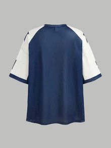 Girlism Teen Girls' Knit Mesh Patchwork Numeric Print Loose Casual T-Shirt - Blue and White - View 2