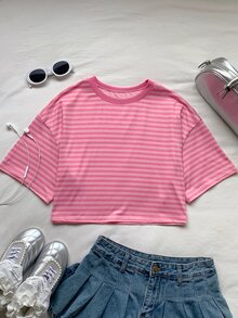 Comfortcana Solid Color Drop Shoulder Short Casual 90s Plus Size T-Shirt Graduation Formal Light Pink Summer - Pink - View 4