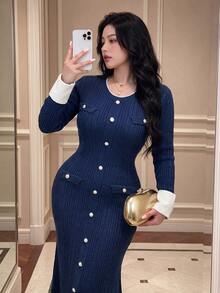 Vibekara Plus Size Women's Autumn/Winter Round Neck Colorblock Navy Blue Ribbed Cuff Knit Dress, Long Sleeve Faux Pocket Slim Fit Bodycon Formal Office - Blue - View 4