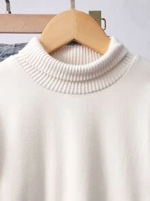 Girls' Off-White High Neck Knitted Fabric Casual Basic Minimalist T-Shirt, Long Sleeve, Fleece, Winter, Slim Fit Korean Style, Fall Tops, School - Beige - View 3