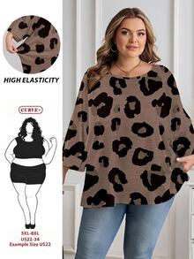SHEIN CURVE+ Plus Size Casual Leopard Print Textured Loose Fit Round Neck Long Sleeve T-Shirt, Suitable For Spring/Summer/Autumn /Winter Fall - Multicolor - View 1