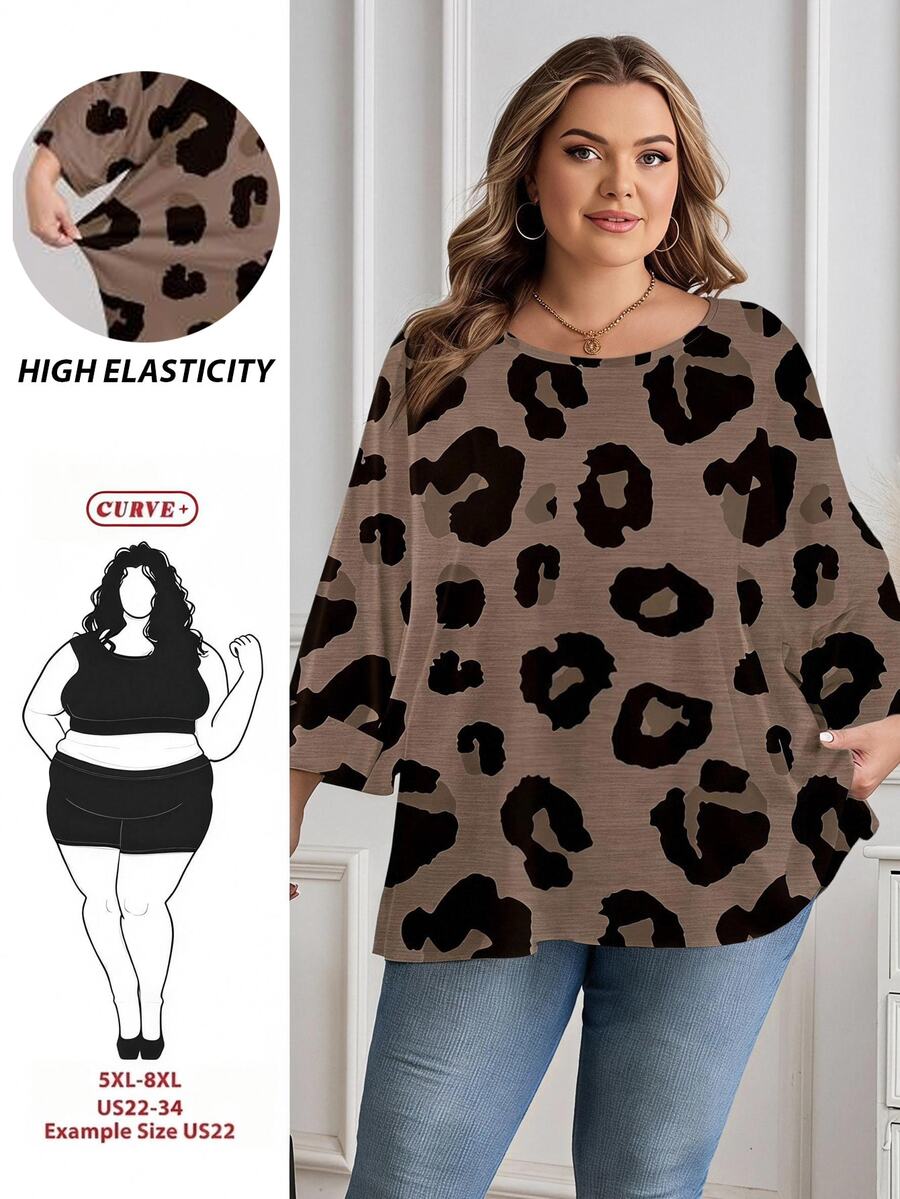 SHEIN CURVE+ Plus Size Casual Leopard Print Textured Loose Fit Round Neck Long Sleeve T-Shirt, Suitable For Spring/Summer/Autumn /Winter Fall - Multicolor - View 1