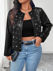 Elenzga Plus Size Women's PU Leather Jacket, Round Neck, Studded, Zipper Design, Minimalist & Fashionable Fall Winter - Black - View 3