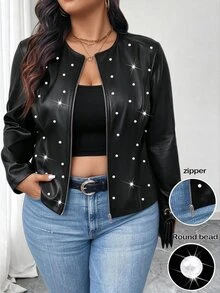 Elenzga Plus Size Women's PU Leather Jacket, Round Neck, Studded, Zipper Design, Minimalist & Fashionable Fall Winter - Black - View 7
