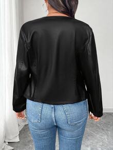 Elenzga Plus Size Women's PU Leather Jacket, Round Neck, Studded, Zipper Design, Minimalist & Fashionable Fall Winter - Black - View 2