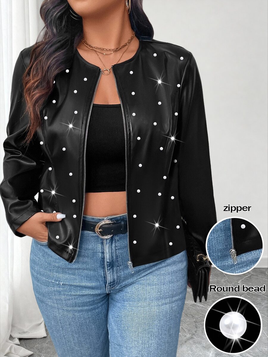 Elenzga Plus Size Women's PU Leather Jacket, Round Neck, Studded, Zipper Design, Minimalist & Fashionable Fall Winter - Black - View 1