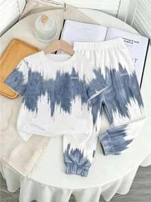 Young Boy Autumn New Arrival Casual Minimalist Loose Comfortable Sporty Style Crew Neck Short Sleeve & Long Pants 2 Pieces Set - Multicolor - View 3