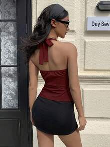 SHEIN EZwear Tank Top Wanita Kasual Warna Polos dengan Kancing Depan dan Leher Halter, Musim Panas, Atasan Musim Panas - Burgundy - View 3