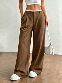 FavEase Women's Autumn Waist Patchwork High-End Design Side Pocket Slim Straight Espresso Brown Long Pants, Suitable For Daily Work, School, Office Casual - Camel - View 4