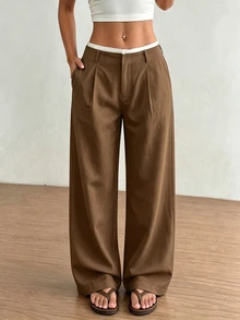 FavEase Women's Autumn Waist Patchwork High-End Design Side Pocket Slim Straight Espresso Brown Long Pants, Suitable For Daily Work, School, Office Casual - Camel - View 6