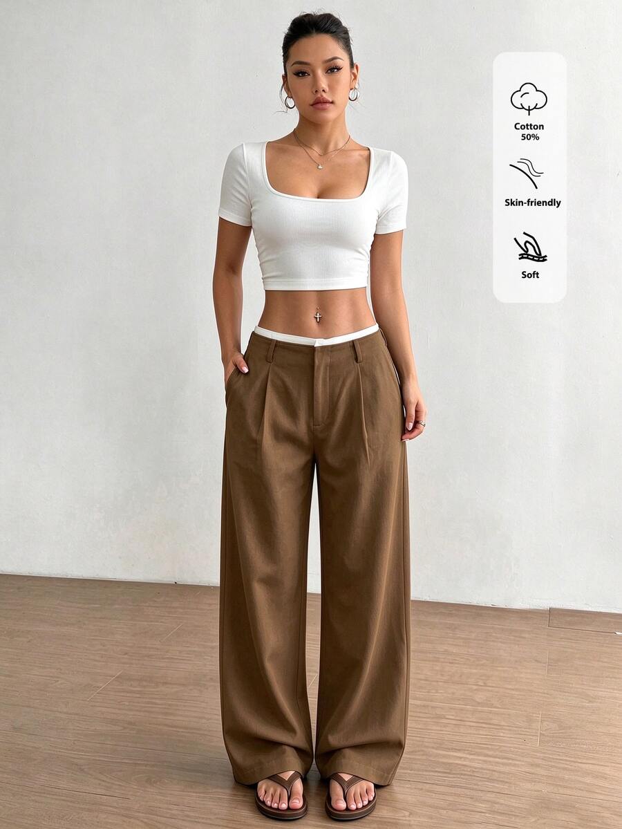 FavEase Women's Autumn Waist Patchwork High-End Design Side Pocket Slim Straight Espresso Brown Long Pants, Suitable For Daily Work, School, Office Casual - Camel - View 1