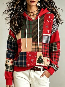 Glimmora Women's Patchwork Print Long Sleeve Casual Drawstring Hooded Sweatshirt - Multicolor - View 3