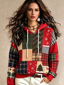 Glimmora Women's Patchwork Print Long Sleeve Casual Drawstring Hooded Sweatshirt - Multicolor - View 1