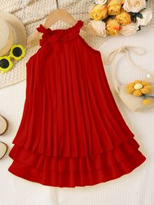 SHEIN Elladie kids Young Girl Plain Color Spaghetti Strap Simple Fashion Casual Daily Dress - Red - View 4